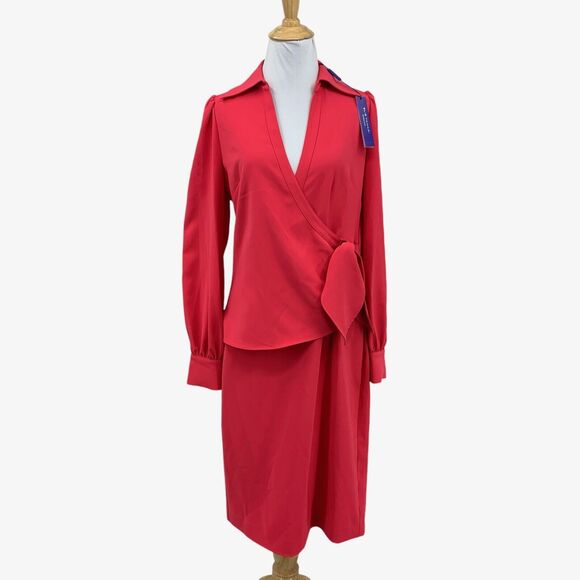 Elie Tahari Dress Womens 4 Strawberry Crepe Tie Waist Collared Side Zip Surplice - Picture 1 of 16